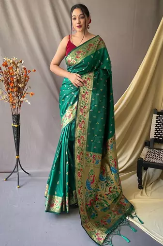 Green green silk blend woven design sarees