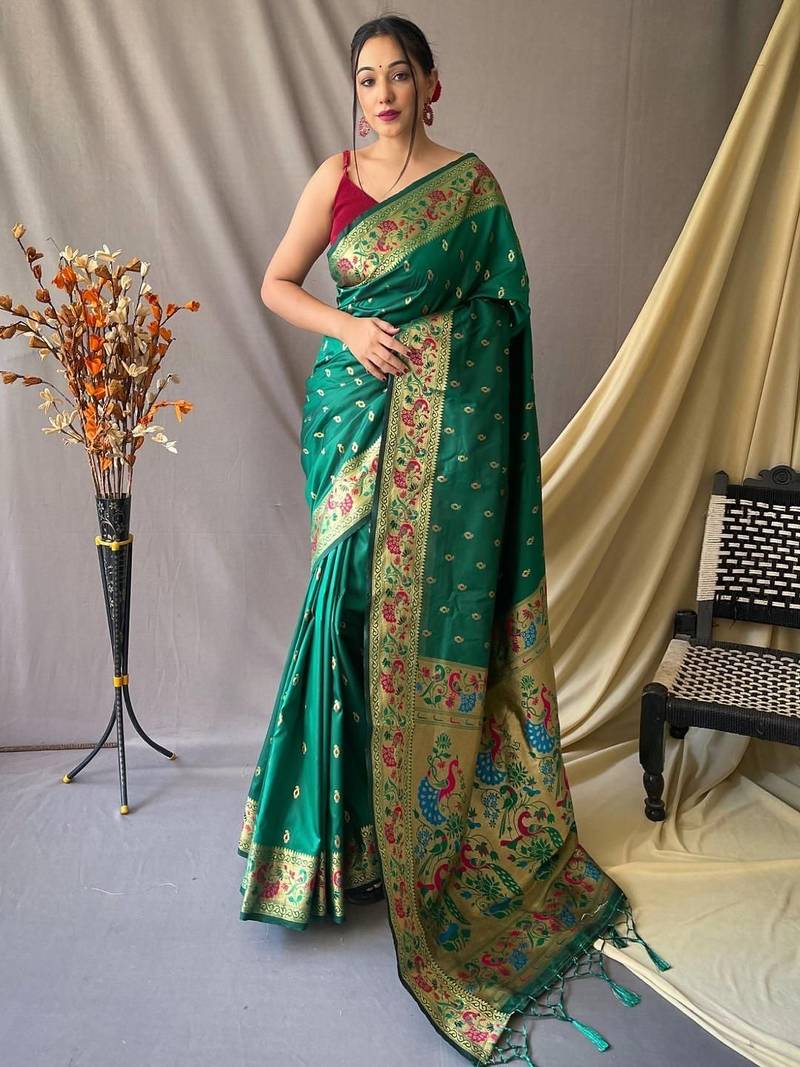 Green green silk blend woven design sarees