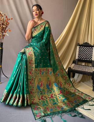 Green green silk blend woven design sarees 2