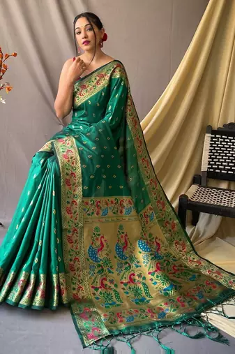 Green green silk blend woven design sarees