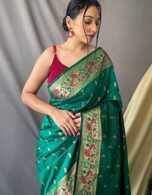 Green green silk blend woven design sarees 3