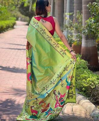 Green woven design zari paithani saree 3