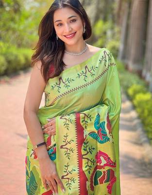 Green woven design zari paithani saree 4