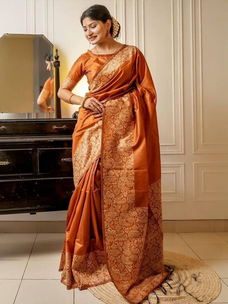Orange woven design saree with unstitched blouse piece