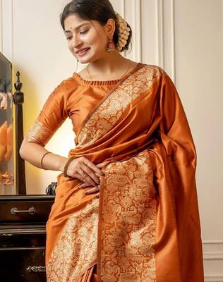 Orange woven design saree with unstitched blouse piece 3