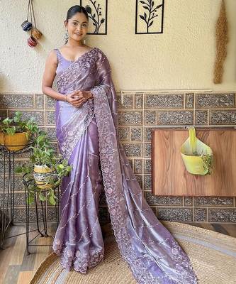 Lavender burberry silk floral embroidered saree with unstitched blouse piece 1