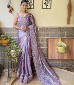 Lavender burberry silk floral embroidered saree with unstitched blouse piece