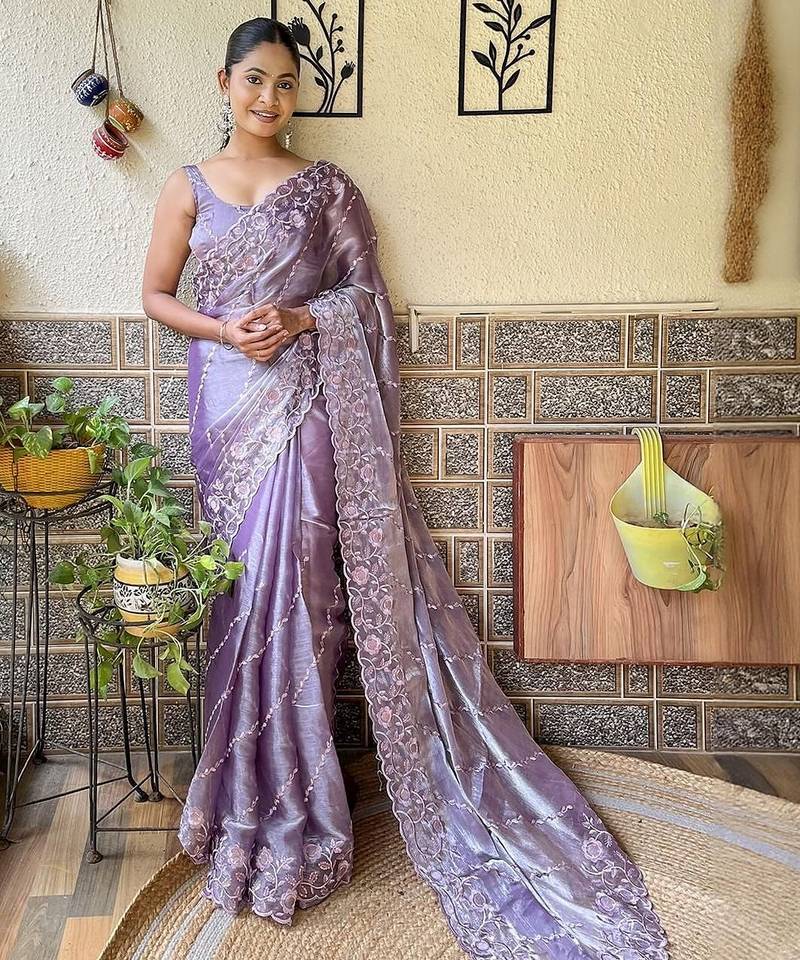 Lavender burberry silk floral embroidered saree with unstitched blouse piece