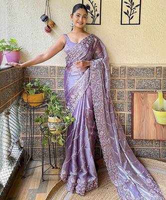 Lavender burberry silk floral embroidered saree with unstitched blouse piece 2