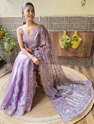 Lavender burberry silk floral embroidered saree with unstitched blouse piece 3