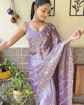 Lavender burberry silk floral embroidered saree with unstitched blouse piece 4
