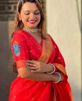 Red ethnic motifs woven design zari designer paithani saree 1