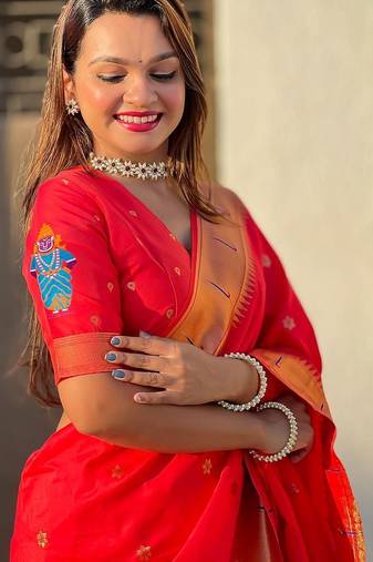 Red ethnic motifs woven design zari designer paithani saree