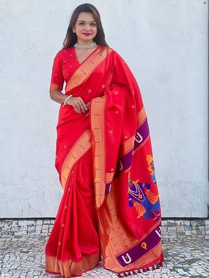 Red ethnic motifs woven design zari designer paithani saree 2