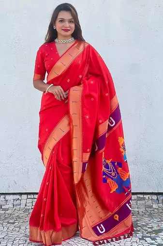 Red ethnic motifs woven design zari designer paithani saree