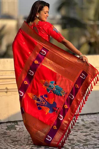 Red ethnic motifs woven design zari designer paithani saree