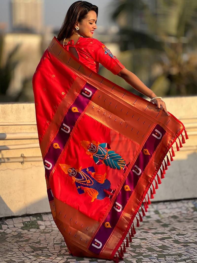Red ethnic motifs woven design zari designer paithani saree