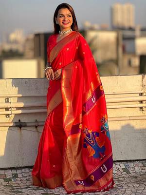 Red ethnic motifs woven design zari designer paithani saree 4