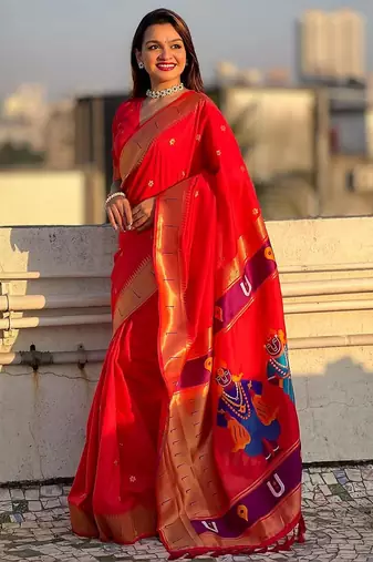 Red ethnic motifs woven design zari designer paithani saree
