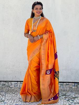 Orange woven design silk blend paithani saree 1