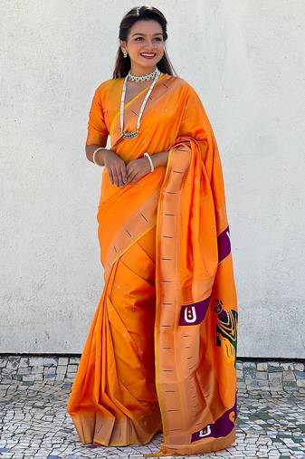Orange woven design silk blend paithani saree