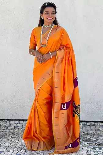 Orange woven design silk blend paithani saree
