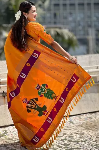 Orange woven design silk blend paithani saree