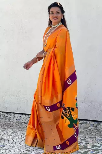 Orange woven design silk blend paithani saree