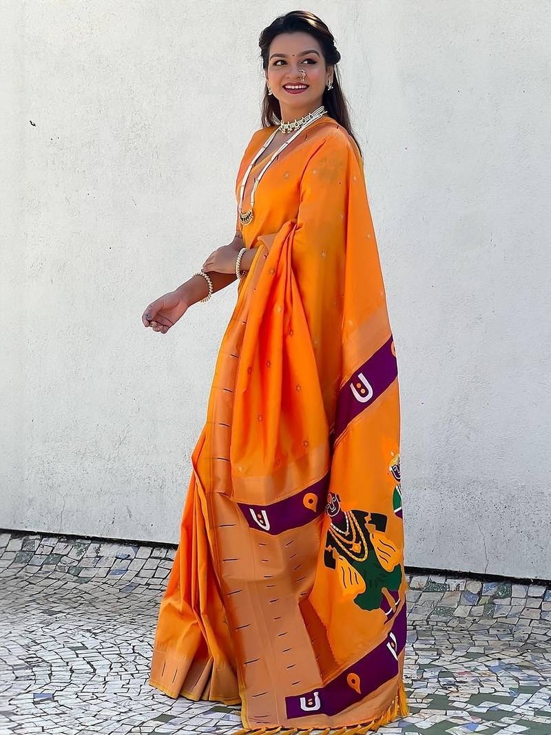 Orange woven design silk blend paithani saree