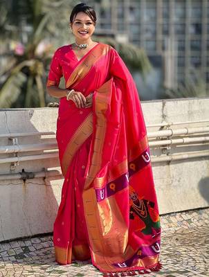 Pink ethnic motifs woven design zari paithani saree 1