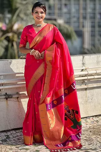 Pink ethnic motifs woven design zari paithani saree