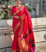 Pink ethnic motifs woven design zari paithani saree