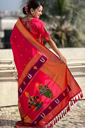 Pink ethnic motifs woven design zari paithani saree