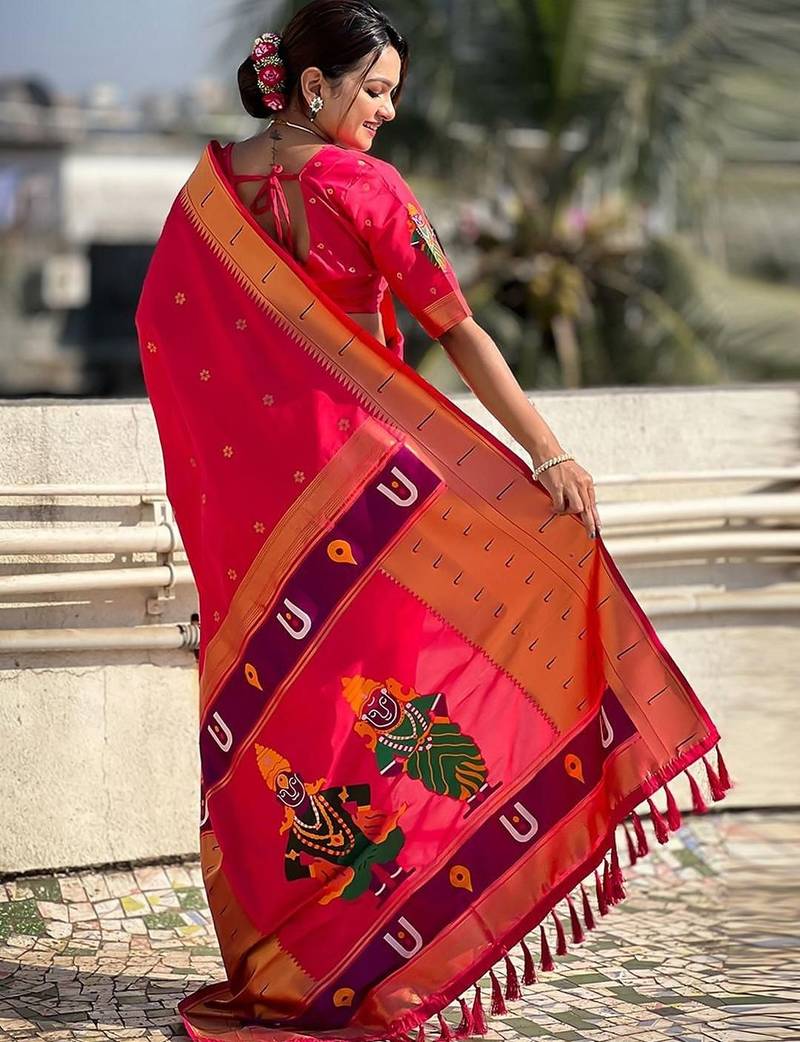 Pink ethnic motifs woven design zari paithani saree