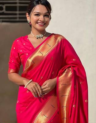 Pink ethnic motifs woven design zari paithani saree 3
