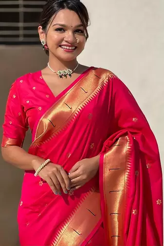 Pink ethnic motifs woven design zari paithani saree