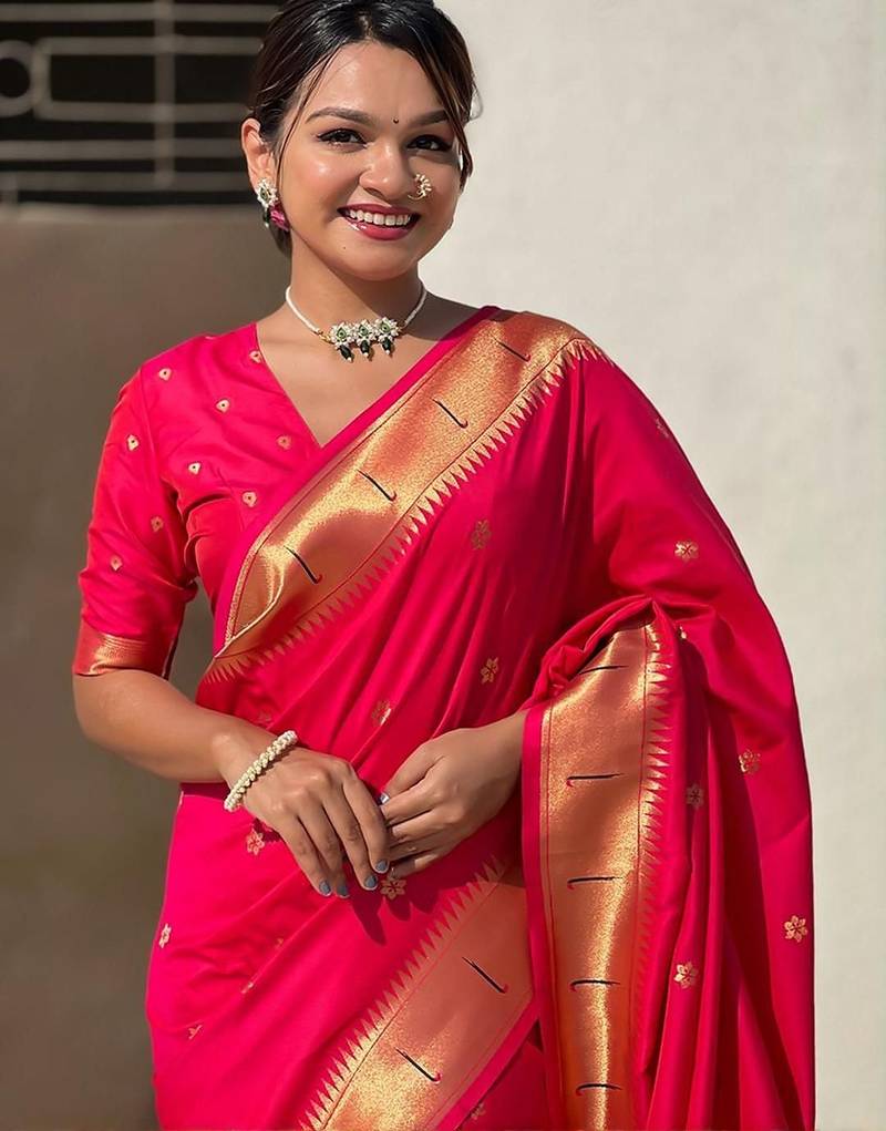 Pink ethnic motifs woven design zari paithani saree