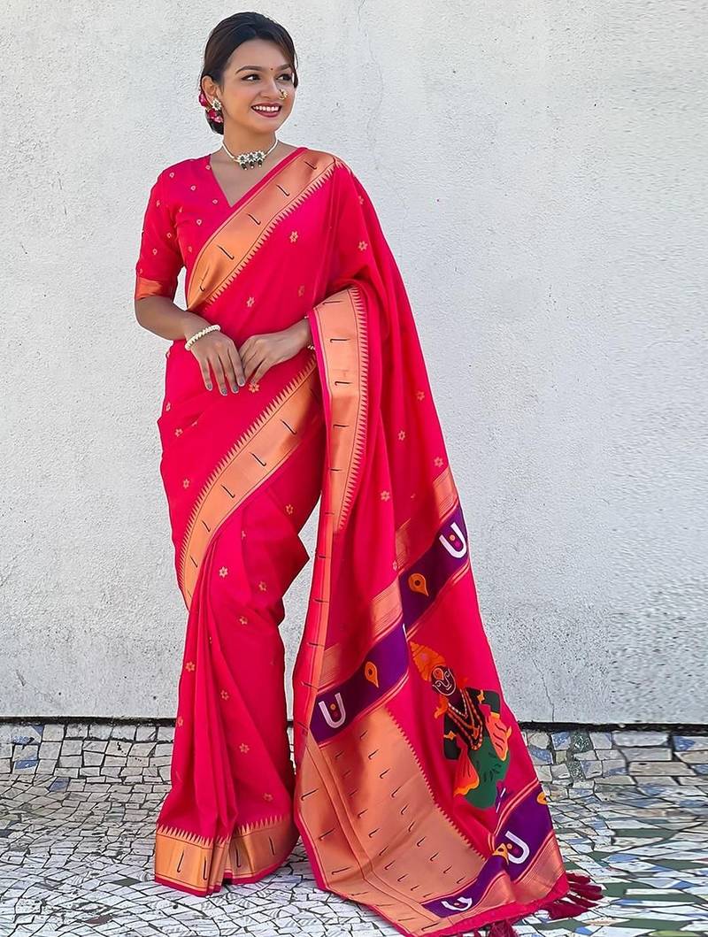 Pink ethnic motifs woven design zari paithani saree