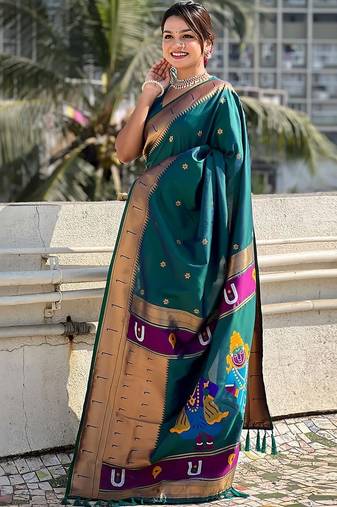 Teal floral woven design zari paithani saree