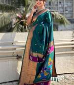 Teal floral woven design zari paithani saree