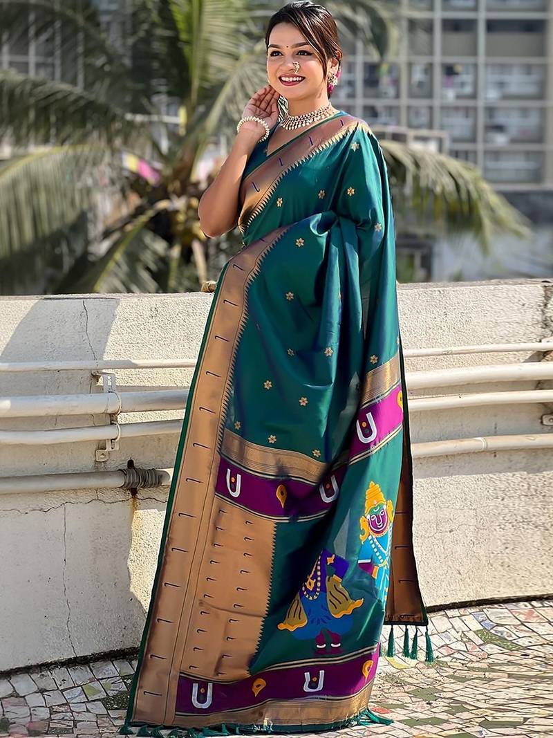 Teal floral woven design zari paithani saree