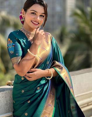 Teal floral woven design zari paithani saree 2
