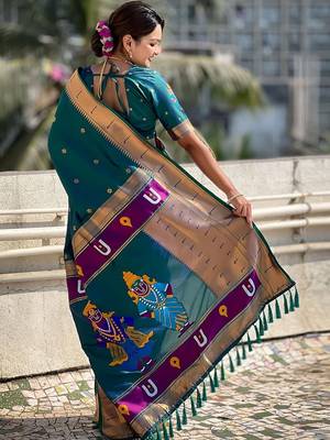Teal floral woven design zari paithani saree 3