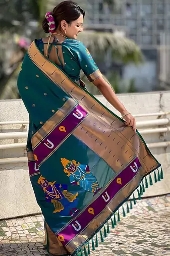 Teal floral woven design zari paithani saree
