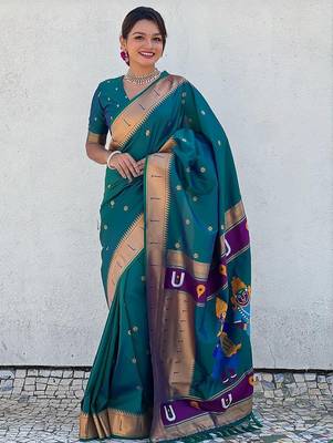 Teal floral woven design zari paithani saree 4