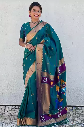 Teal floral woven design zari paithani saree