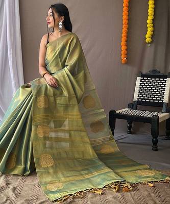 Teal woven design zari tissue saree 2