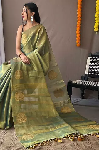 Teal woven design zari tissue saree