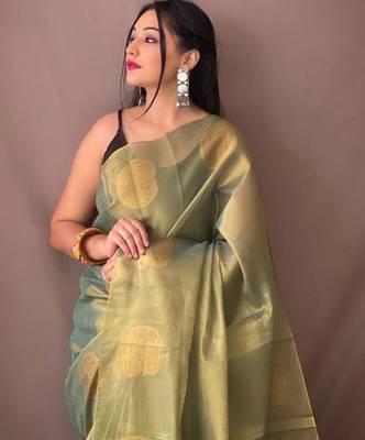 Teal woven design zari tissue saree 3