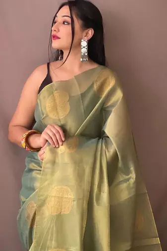 Teal woven design zari tissue saree